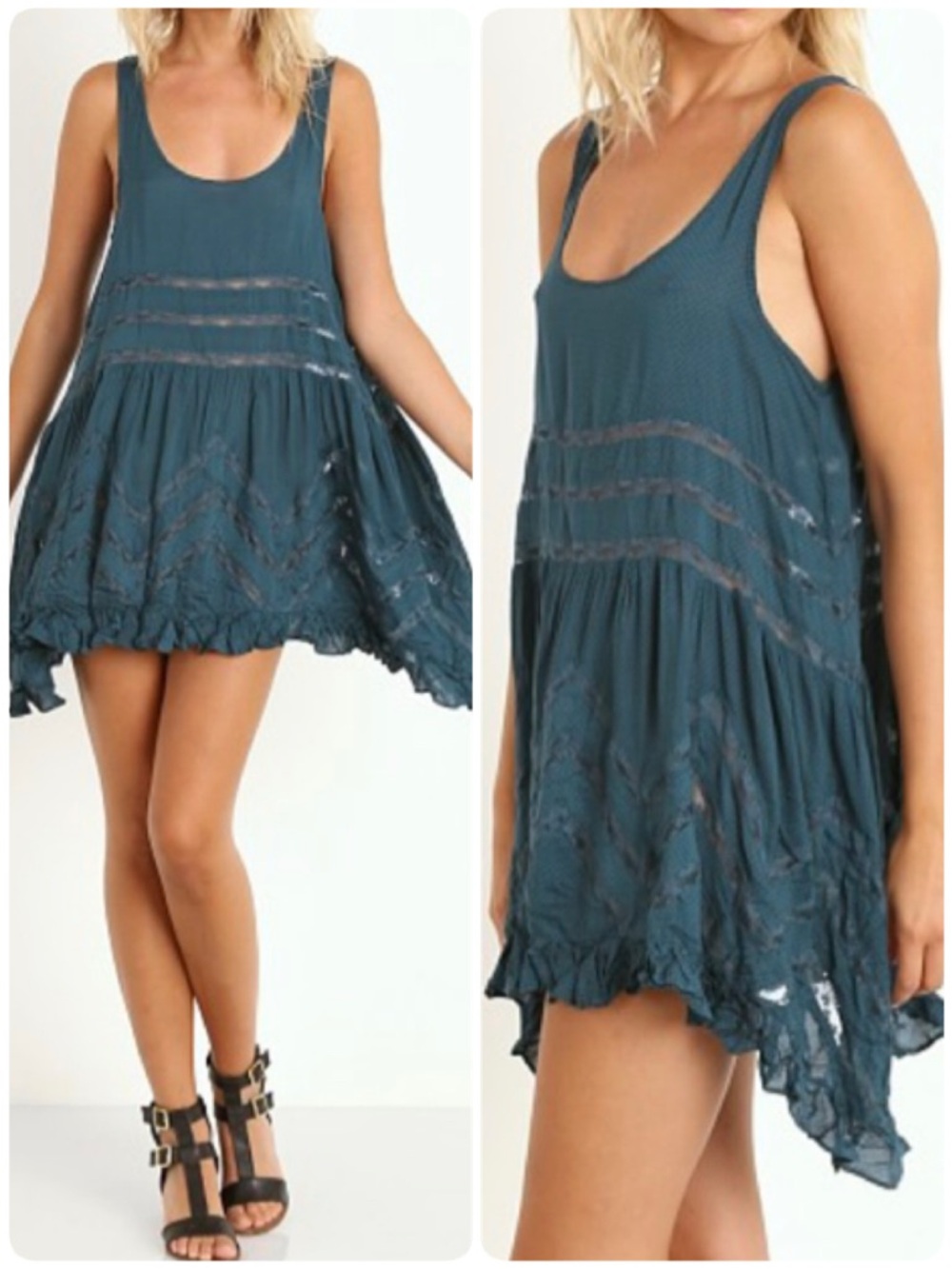 Intimately Free People Voile Lace Trapeze Slip Teal Tunic Mini Dress XSmall XS